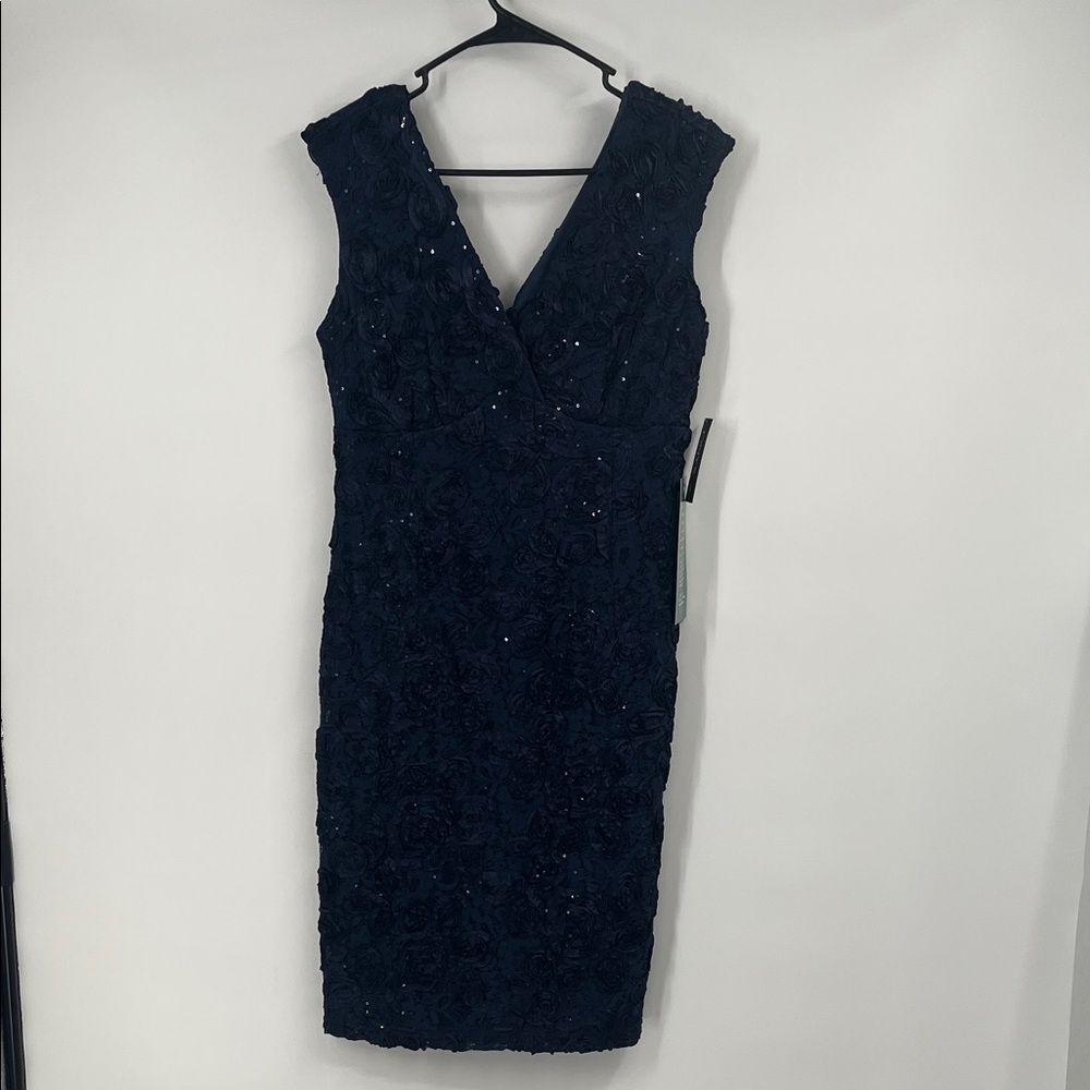 Onyx Nite Navy Blue Floral Textured Sequin Midi Dress Size 4